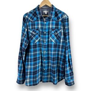 Sun Stone Men's L Pearl Button Up Plaid Western‎ Shirt Blue Pocket Front Flannel